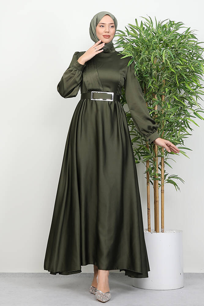 Önü Pileli Tesettür Abiye Haki - LAMİAGİYİM