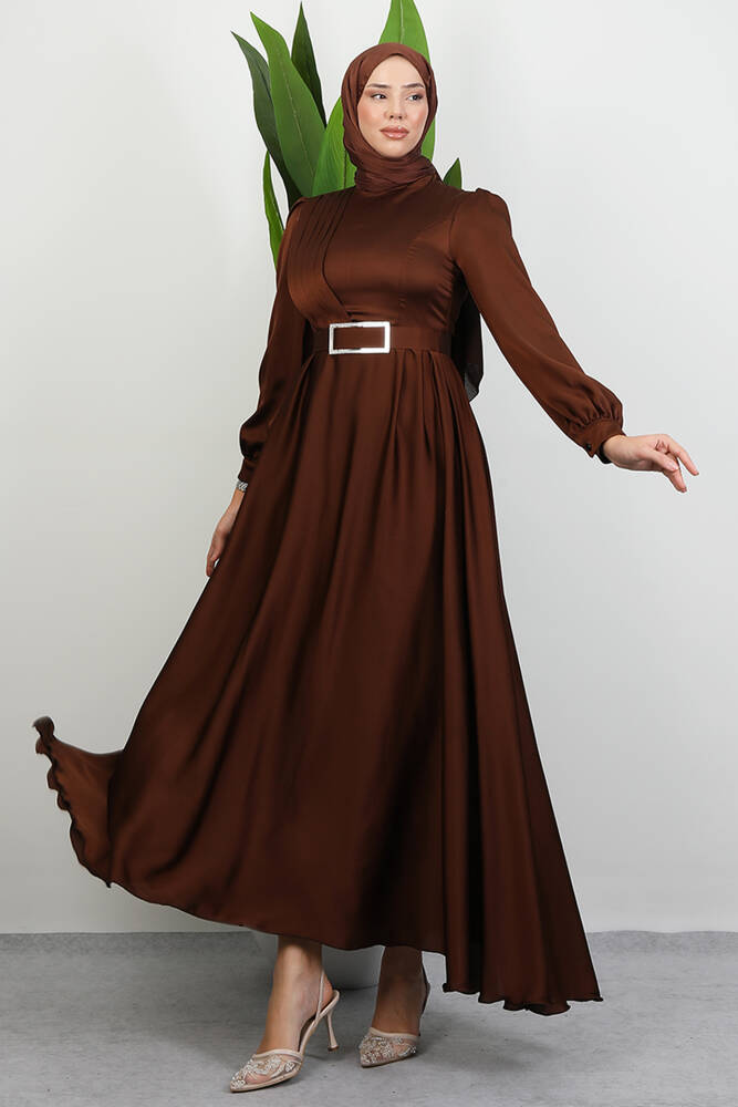 Önü Pileli Tesettür Abiye Kahve - LAMİAGİYİM