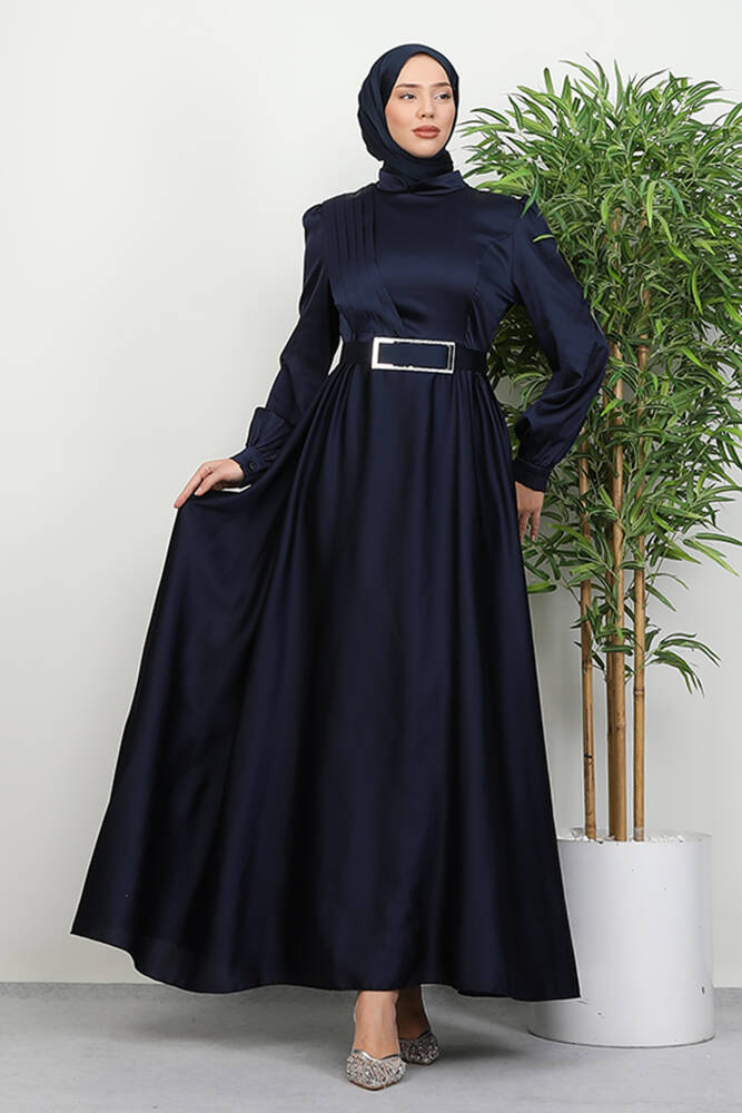 Önü Pileli Tesettür Abiye Lacivert - LAMİAGİYİM
