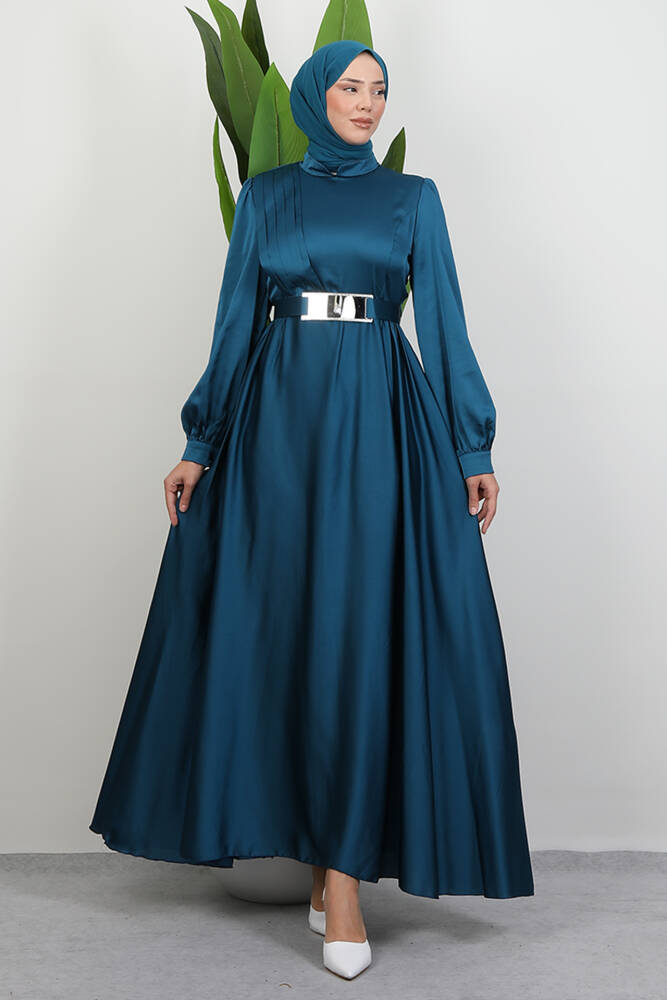 Önü Pileli Tesettür Abiye Petrol - LAMİAGİYİM