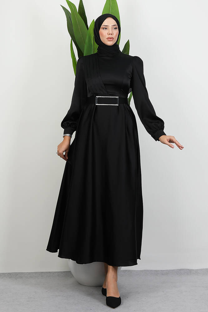 Önü Pileli Tesettür Abiye Siyah - LAMİAGİYİM