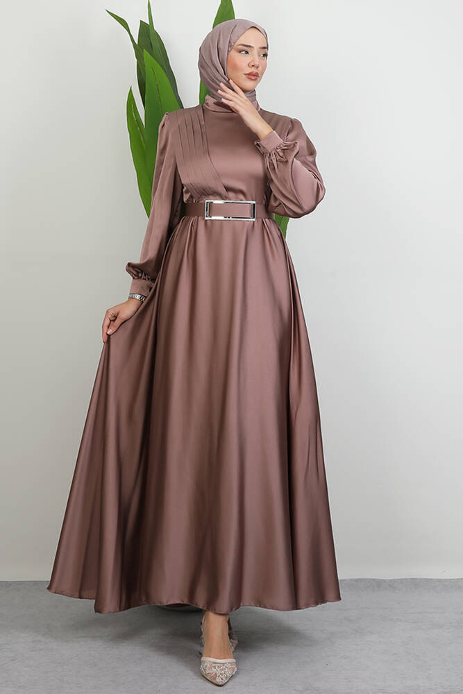 Önü Pileli Tesettür Abiye Vizon - LAMİAGİYİM