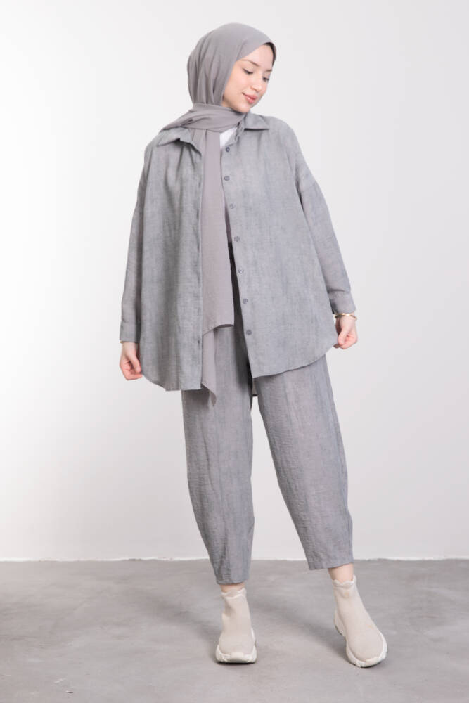 Pamuk Karışımlı Bol Kesim Takım Gri - LAMİAGİYİM