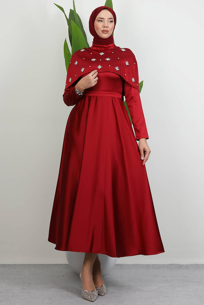 Pelerini Taşlı Elbise Bordo - LAMİAGİYİM