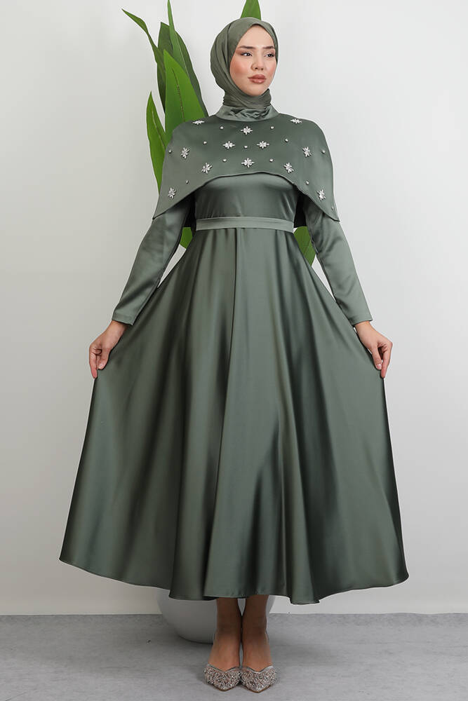 Pelerini Taşlı Elbise Haki - LAMİAGİYİM