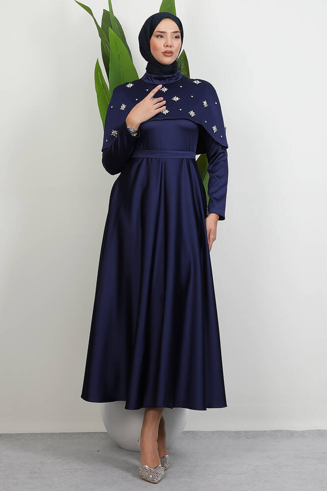 Pelerini Taşlı Elbise Lacivert - LAMİAGİYİM