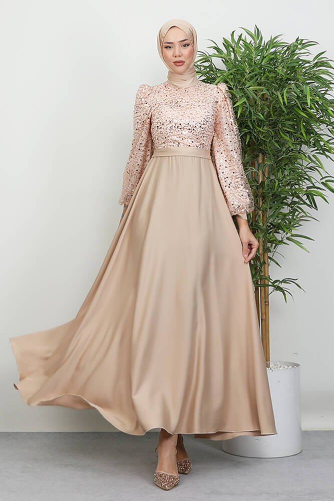 Pul Payet Detay Saten Abiye Gold - LAMİAGİYİM