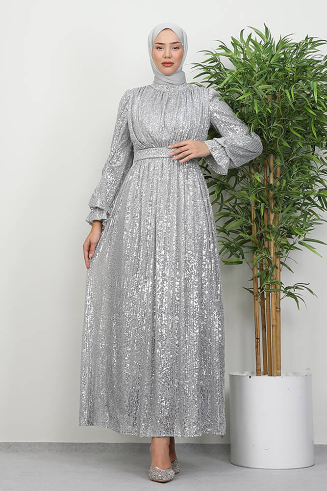 Pul Payet Kelebek Abiye Açık Gri - LAMİAGİYİM