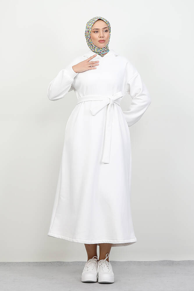 Şardonlu Cepli Elbise Beyaz - LAMİAGİYİM