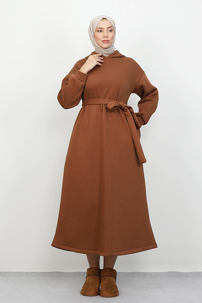 Şardonlu Cepli Elbise Sütlükahve 