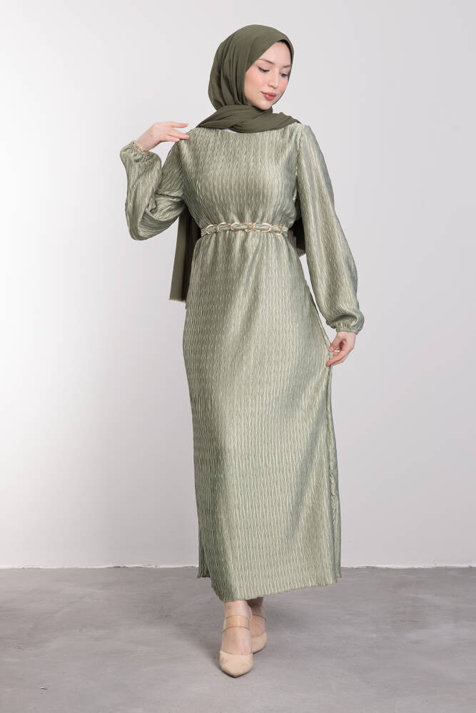 Sarmaşık Kemerli Parlak Elbise Haki - LAMİAGİYİM