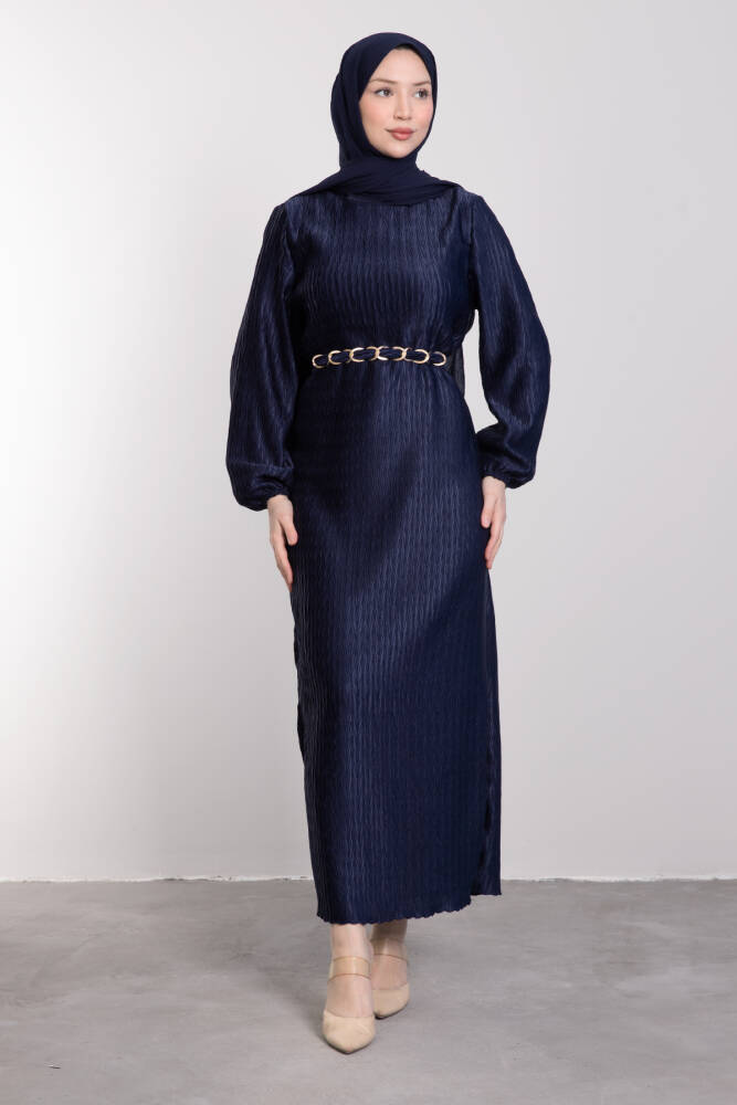 Sarmaşık Kemerli Parlak Elbise Lacivert - LAMİAGİYİM