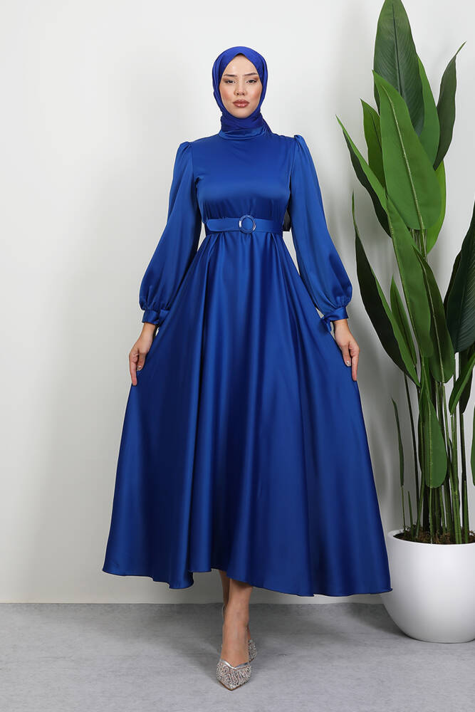 Saten Kemerli Elbise Gece Mavi 
