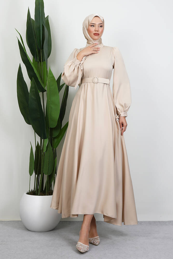 Saten Kemerli Elbise Gold 