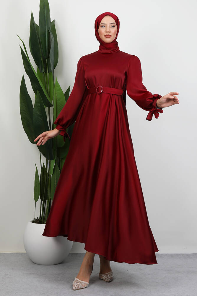 Saten Kemerli Elbise Koyu Bordo 