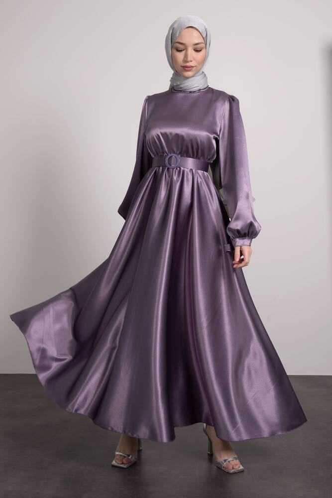 Saten Kemerli Elbise Koyu Lila 