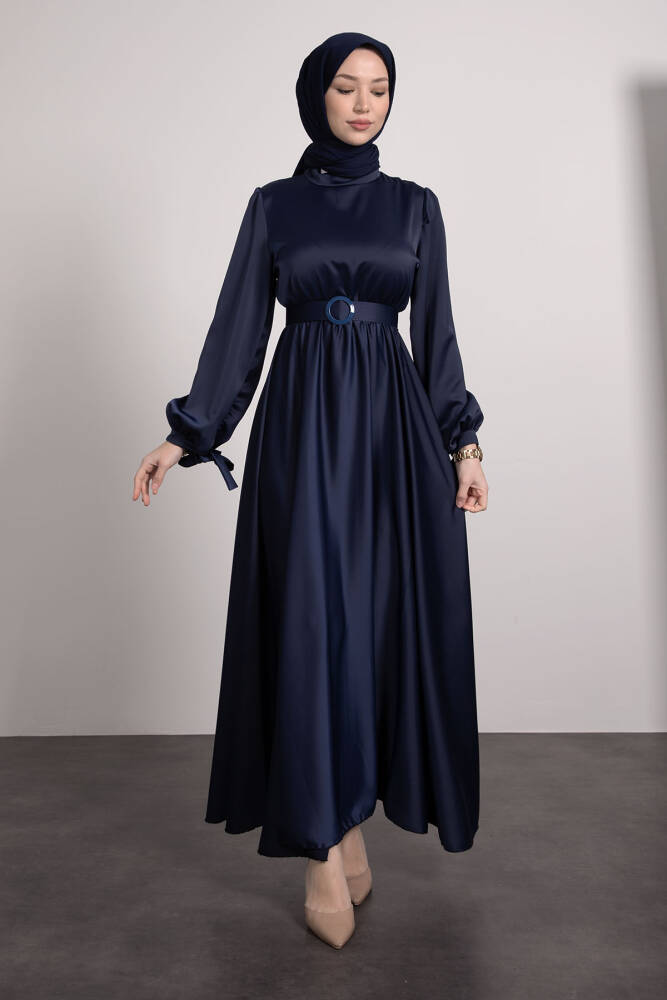 Saten Kemerli Elbise Lacivert 