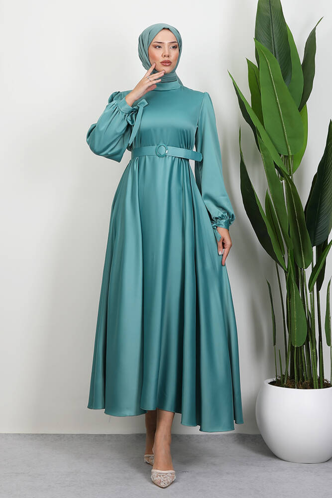 Saten Kemerli Elbise Mint 