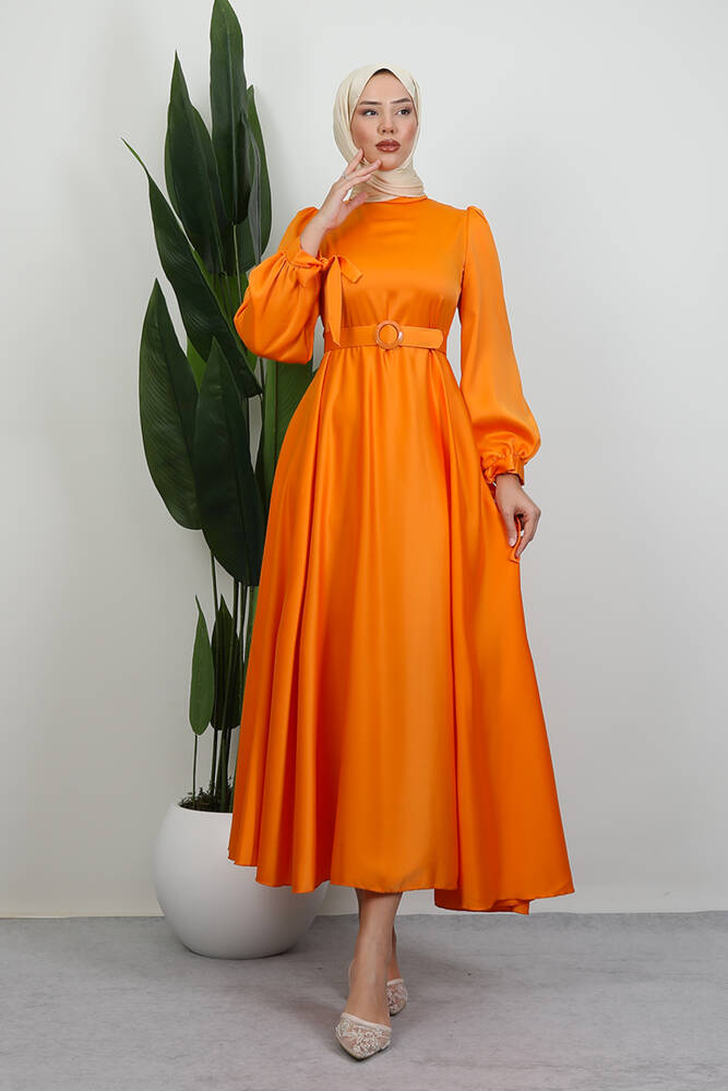 Saten Kemerli Elbise Orange 