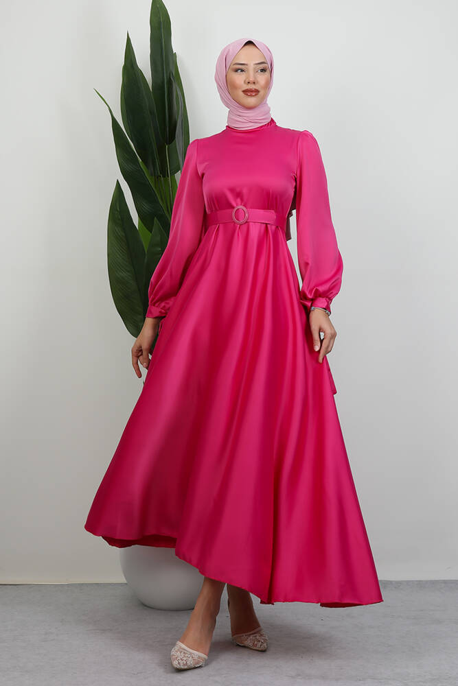 Saten Kemerli Elbise Pembe 