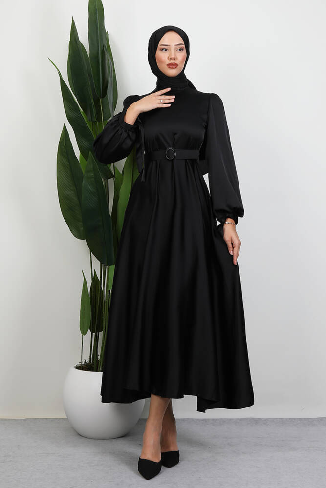 Saten Kemerli Elbise Siyah 