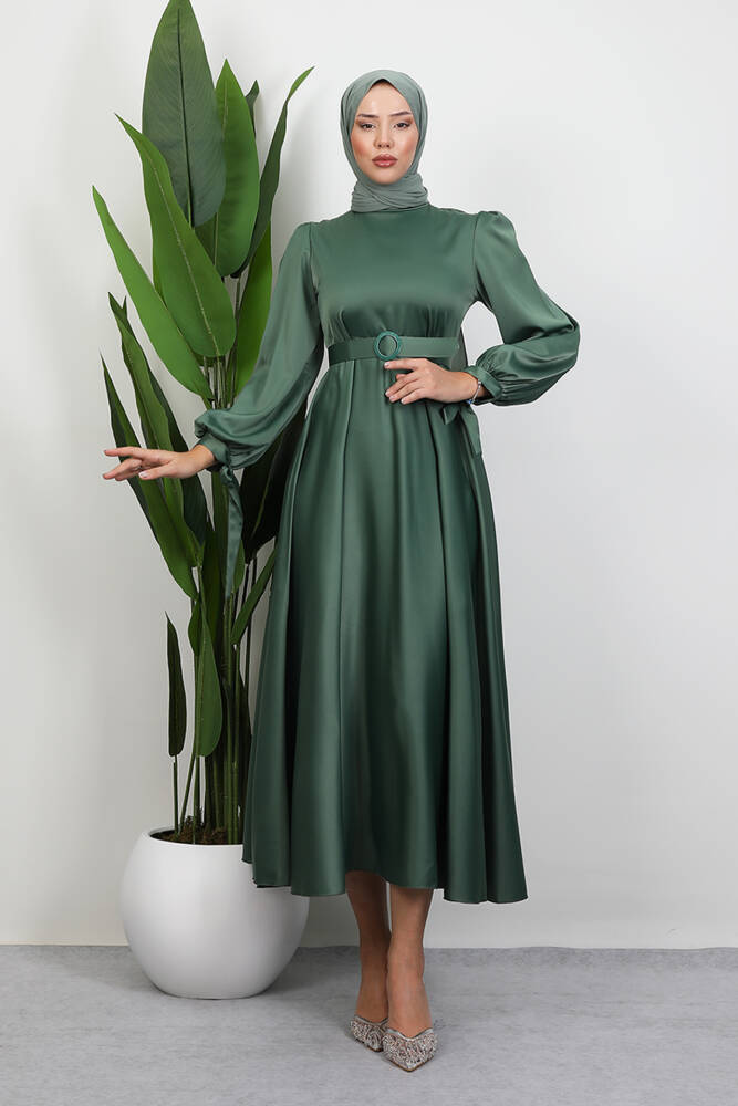 Saten Kemerli Elbise Soft Yeşil 