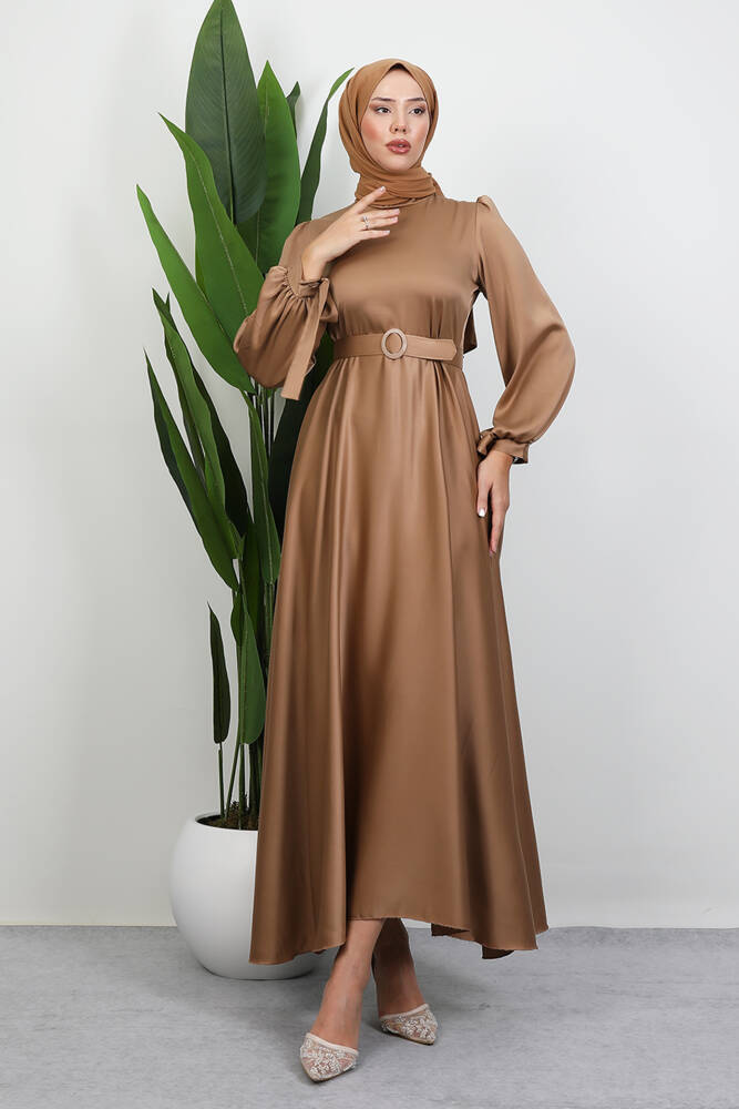 Saten Kemerli Elbise Sütlükahve 