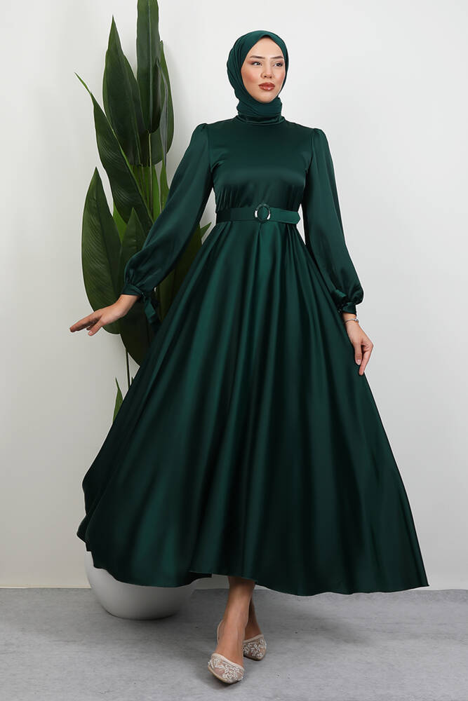 Saten Kemerli Elbise Zümrüt 