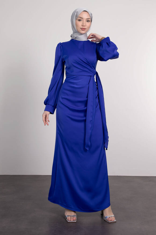 Saten Yan Kuşaklı Elbise Gece Mavi - LAMİAGİYİM
