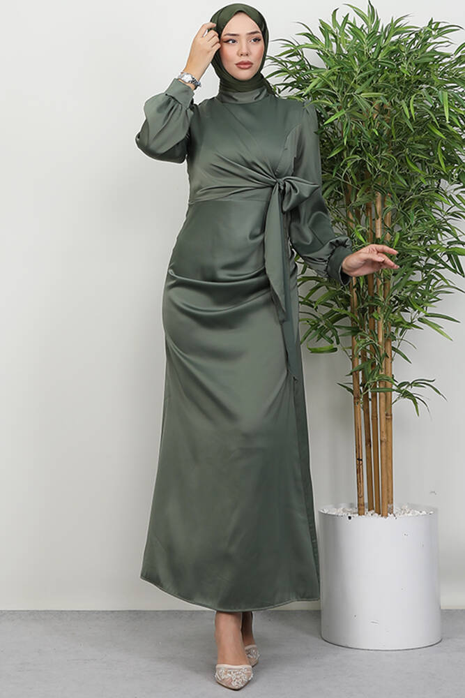 Saten Yan Kuşaklı Elbise Haki - LAMİAGİYİM