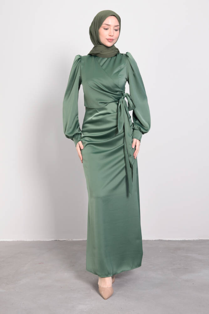 Saten Yan Kuşaklı Elbise Koyu Mint - LAMİAGİYİM