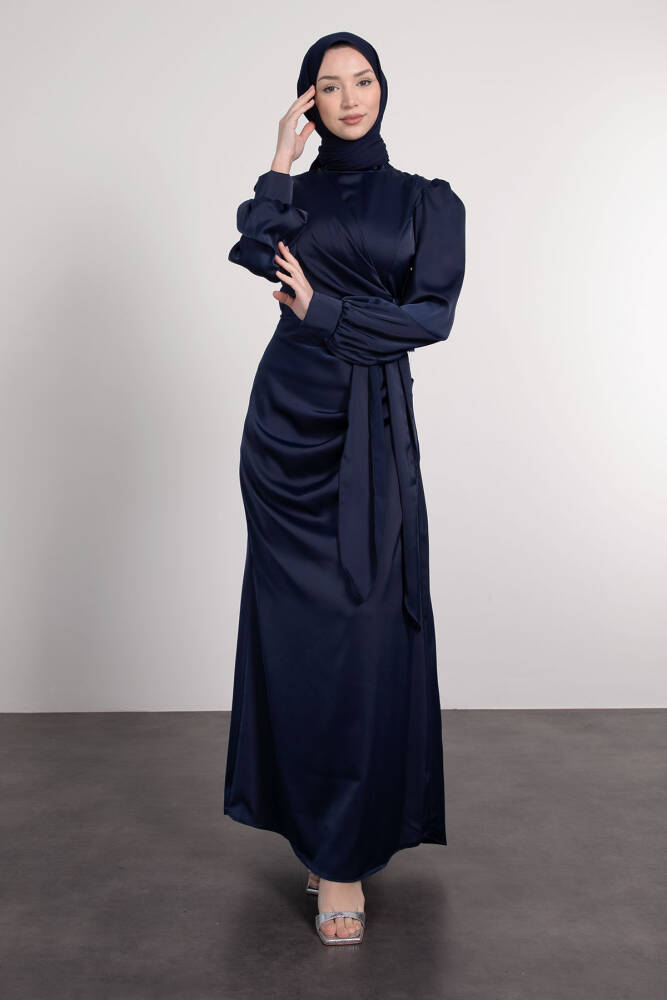 Saten Yan Kuşaklı Elbise Lacivert - LAMİAGİYİM