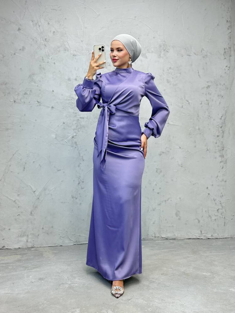 Saten Yan Kuşaklı Elbise Lila - LAMİAGİYİM