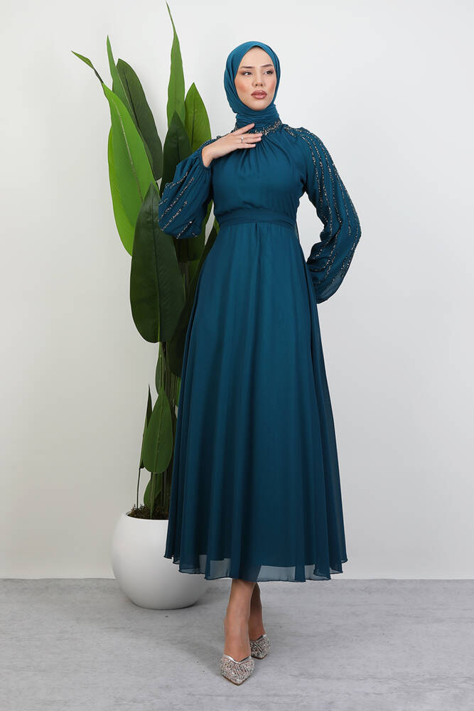 Semra Tesettür Elbise Petrol - LAMİAGİYİM