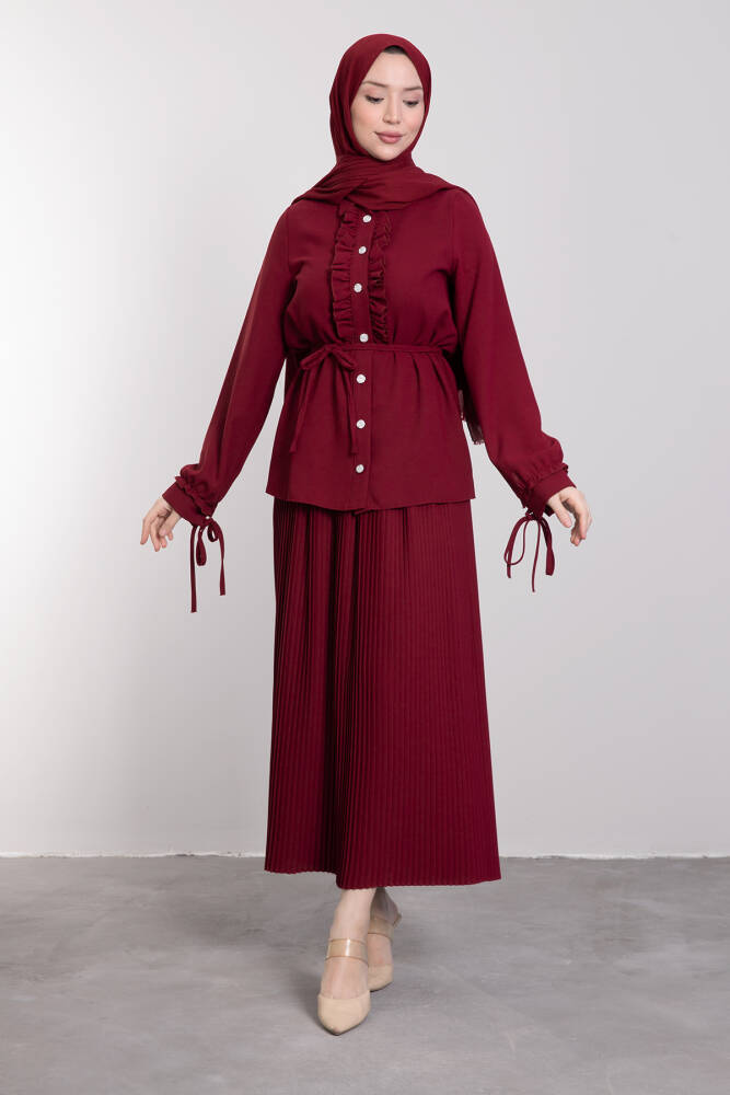 Şerit Fırfırlı Pilise Etekli Takım Bordo - LAMİAGİYİM