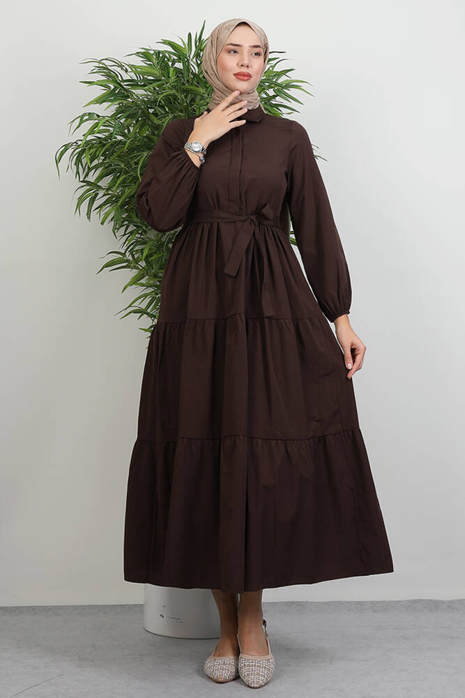 Standart Yaka Düğmeli Elbise Acı Kahve - LAMİAGİYİM