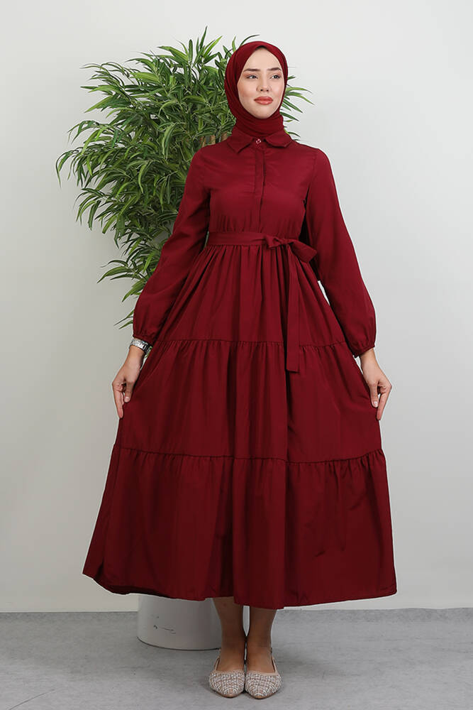 Standart Yaka Düğmeli Elbise Bordo - LAMİAGİYİM