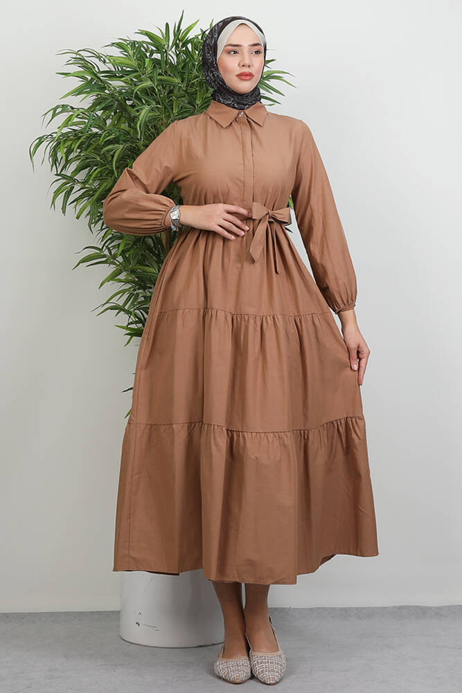 Standart Yaka Düğmeli Elbise Koyu Bisküvi - LAMİAGİYİM