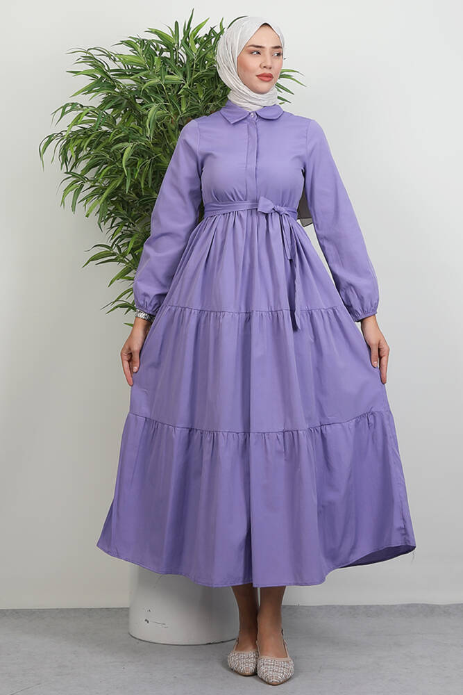 Standart Yaka Düğmeli Elbise Lila - LAMİAGİYİM
