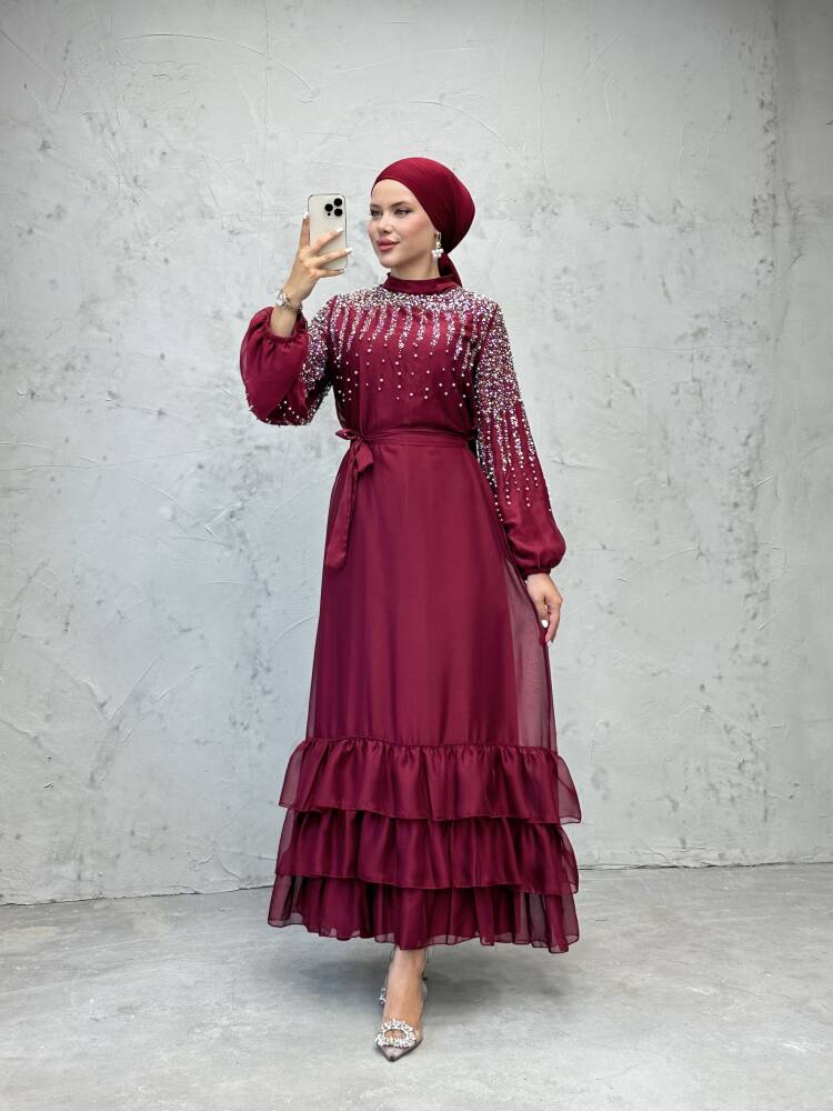 Suna İncili Şifon Elbise Bordo - LAMİAGİYİM