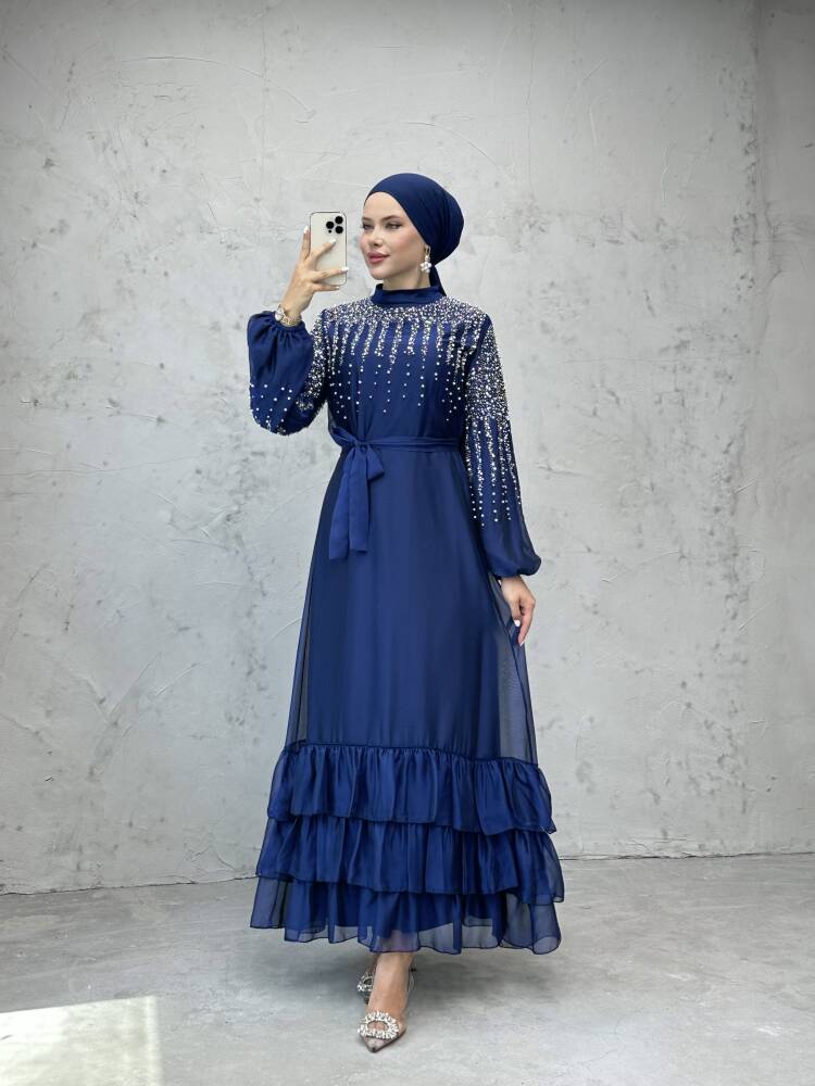 Suna İncili Şifon Elbise Lacivert - LAMİAGİYİM