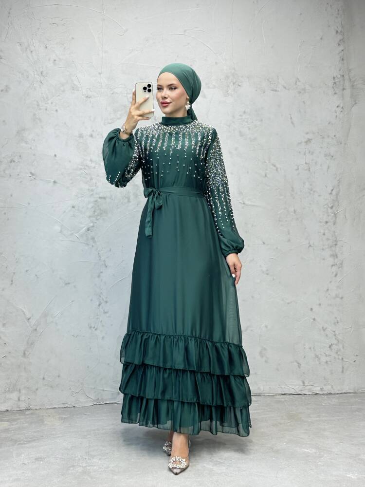 Suna İncili Şifon Elbise Zümrüt - LAMİAGİYİM