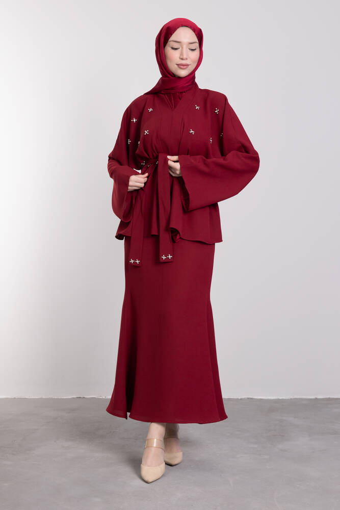 Taşlı Etekli İkili Takım Bordo 