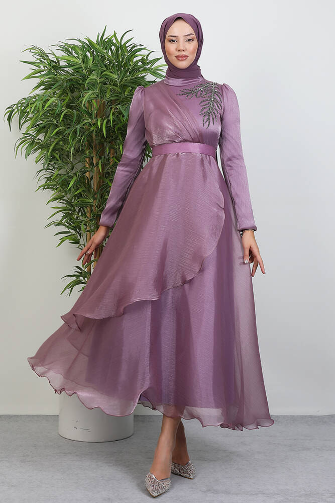 Taşlı Organze Abiye Açık Gül Kurusu 