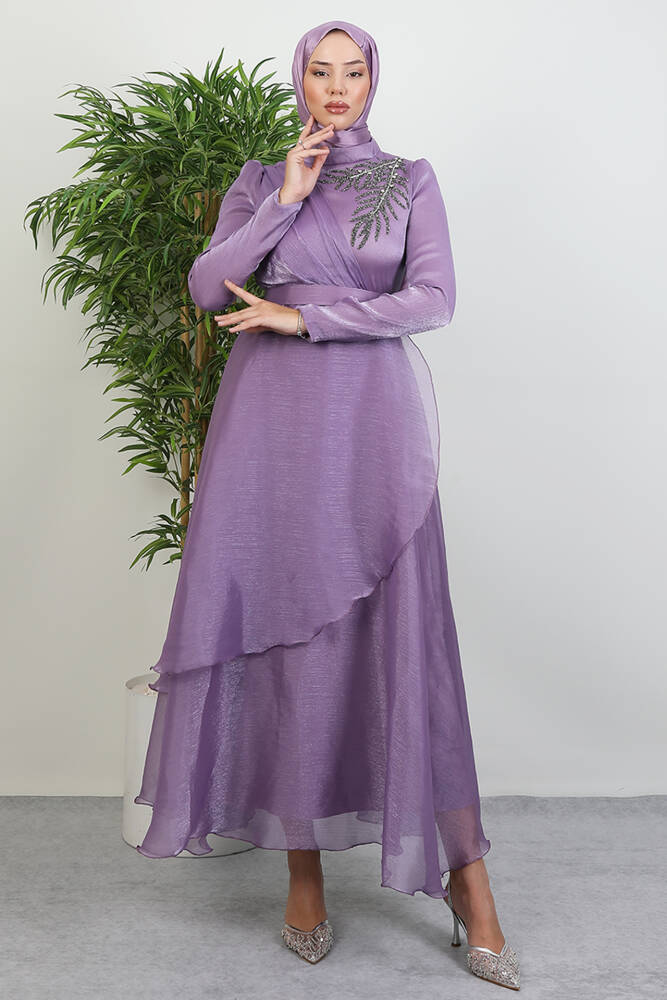 Taşlı Organze Abiye Açık Lila 