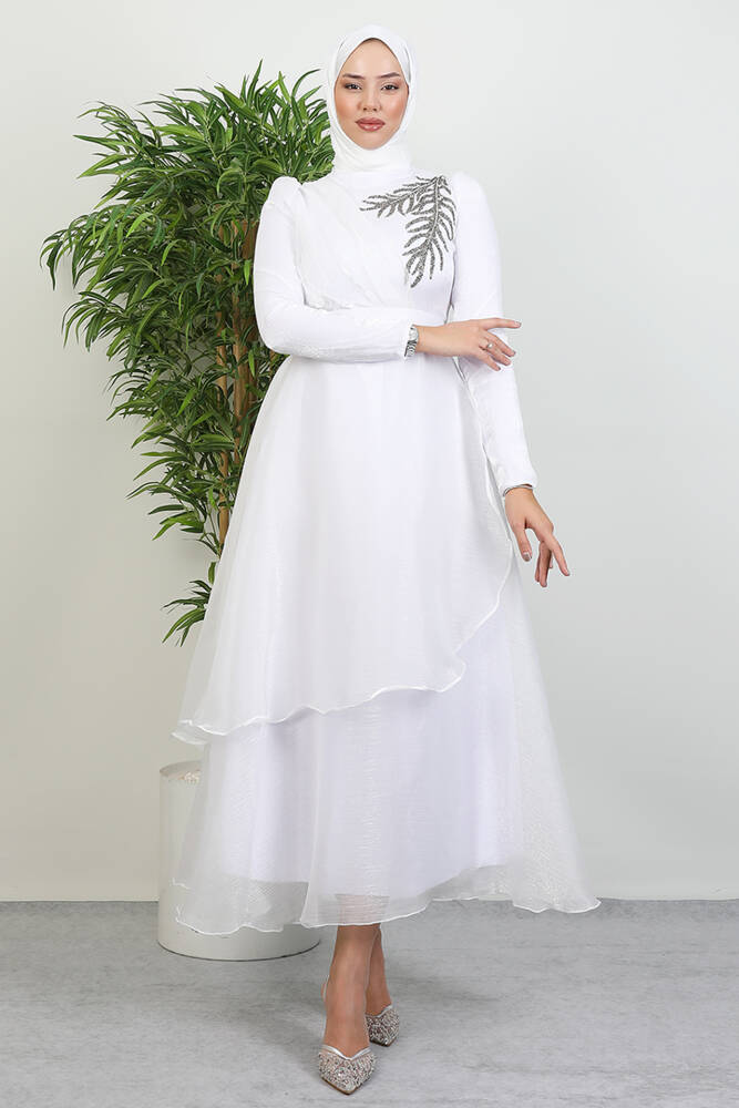 Taşlı Organze Abiye Beyaz 