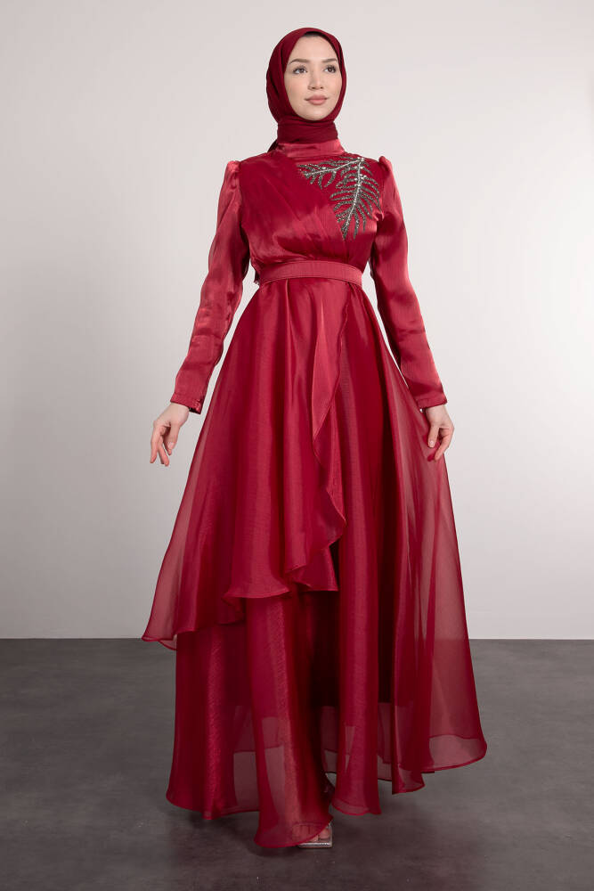 Taşlı Organze Abiye Bordo 