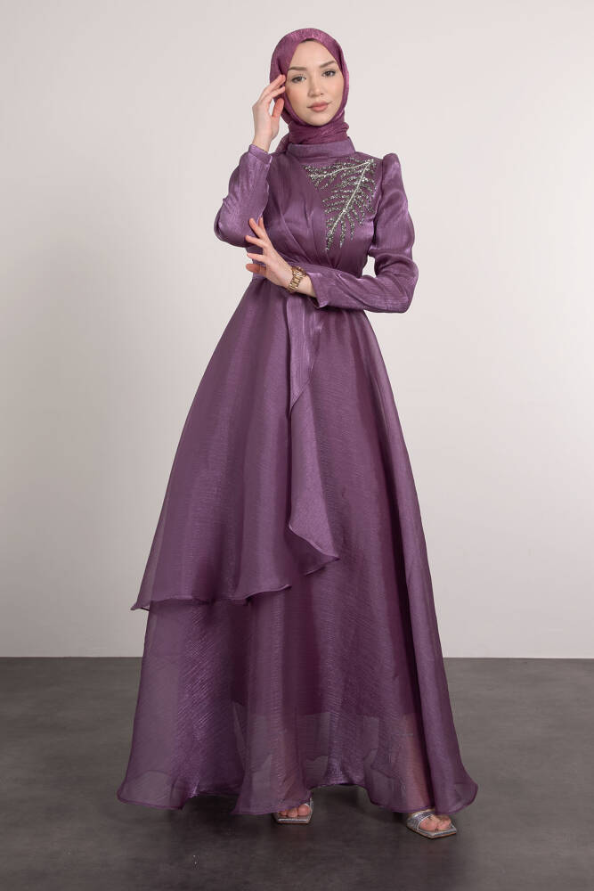 Taşlı Organze Abiye Eflatun 