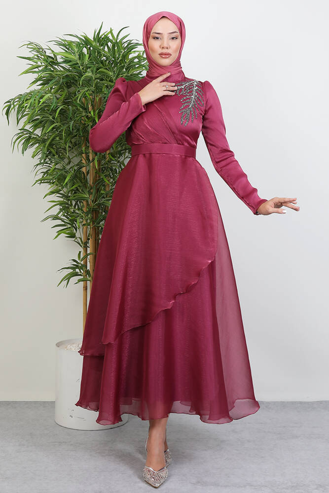 Taşlı Organze Abiye Fuşya 