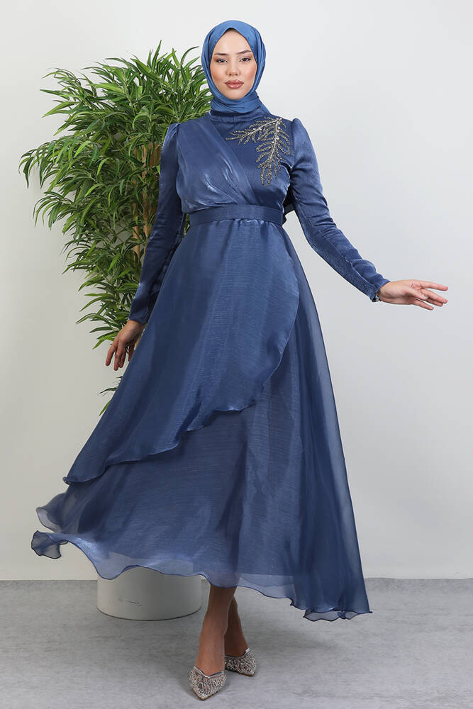 Taşlı Organze Abiye İndigo 
